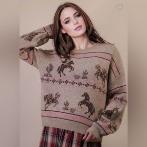 Very J Tan Horse Pattern Sweater. Oversized Western Graphic Knit Sweater Top